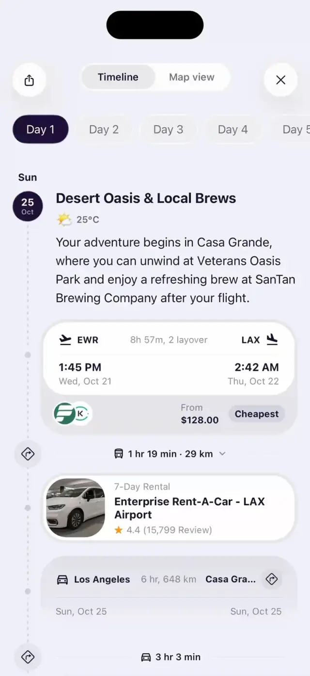 Tripin app walkthrough: the day-by-day timeline with stops and drive times, then the whole route on one map