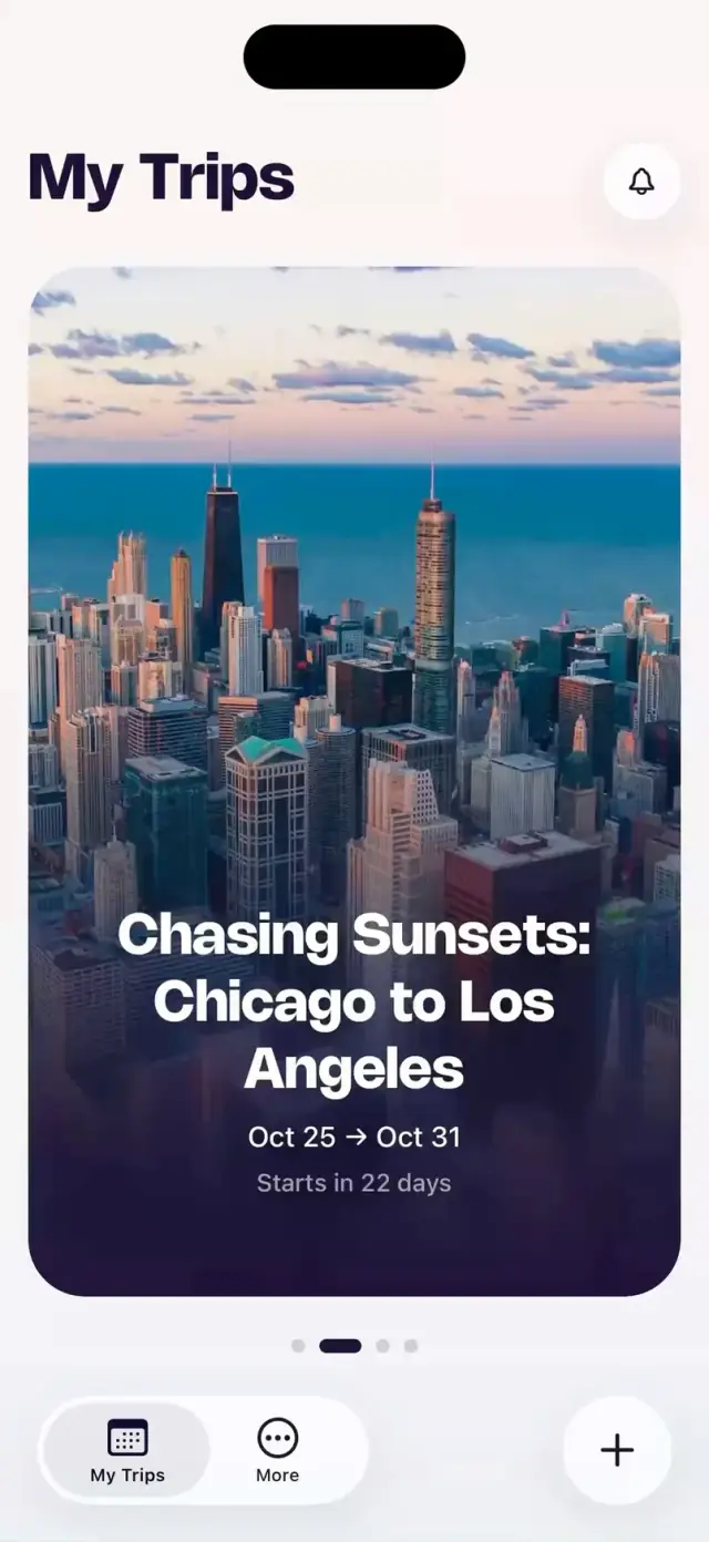 Tripin app walkthrough: opening a Chicago to Los Angeles road trip, its route on the map and Open in Google Maps